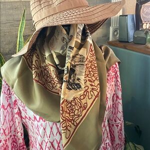 Ralph Lauren Scarf Brown Green Antique Memory Silk Square 35”x 34”